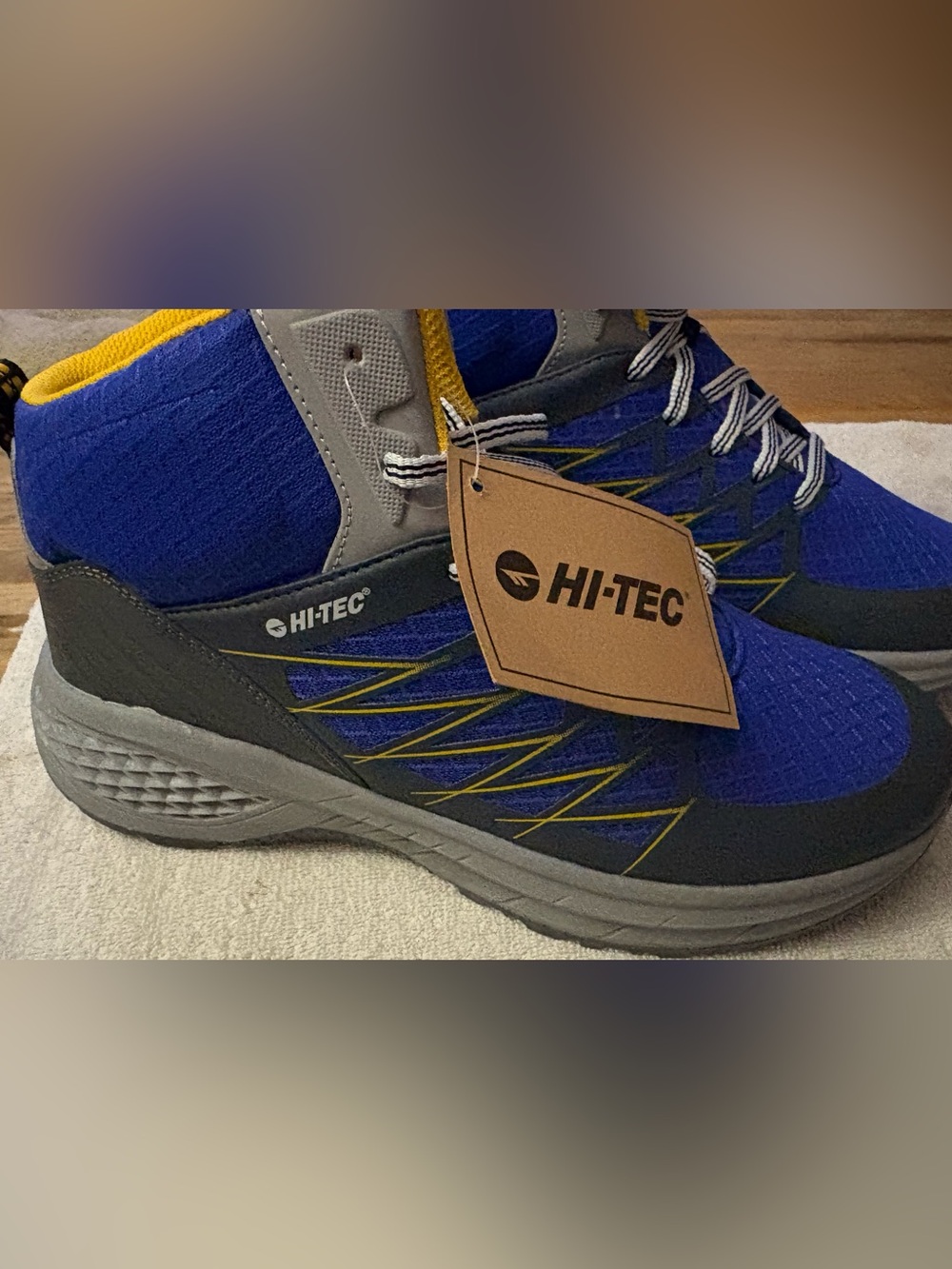 Hi-Tec Men's Royal Blue and Gray Athletic Trail Shoes with Yellow Accents